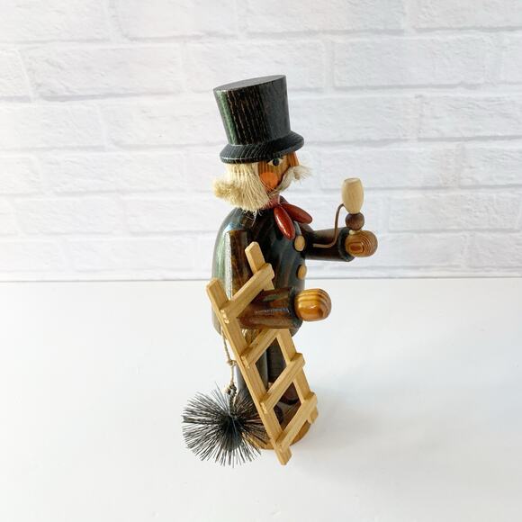 Vintage Erzgebirge Chimney Sweeper Wood Carved Smoker Ladder Brush Figure 8" - Picture 5 of 7